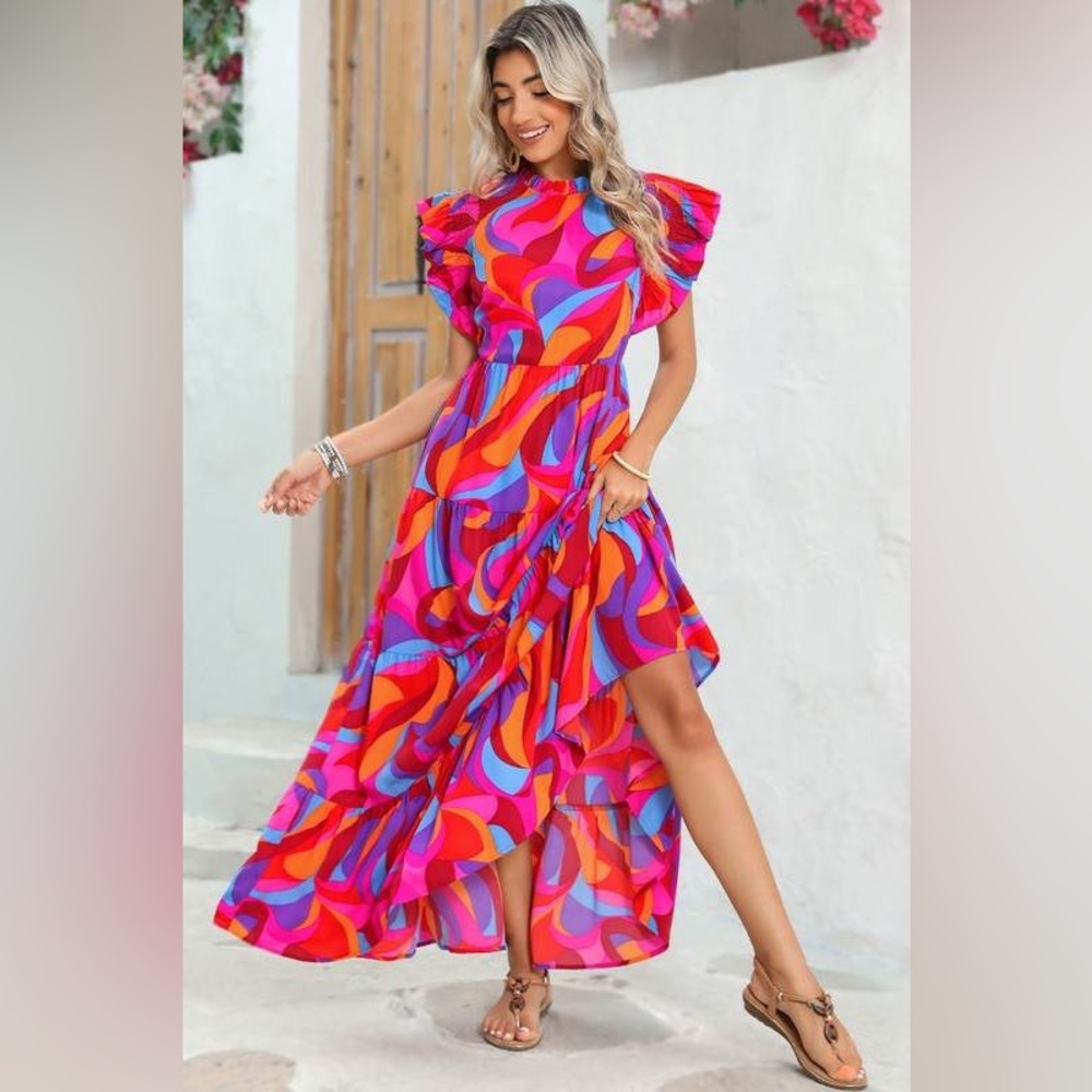 Abstract Print High Waist Ruffle Tiered Maxi Dress - Picture 7 of 8